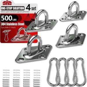 sprookber 304 Stainless Steel Pad Eye Snap Hooks, M5 Heavy Duty Ceiling Hooks, 500 lb Capacity Hammock Swing Hanging kit, Plant Hangers, Marine Hardware Staple Hook Loop with Screws, Set of 8
