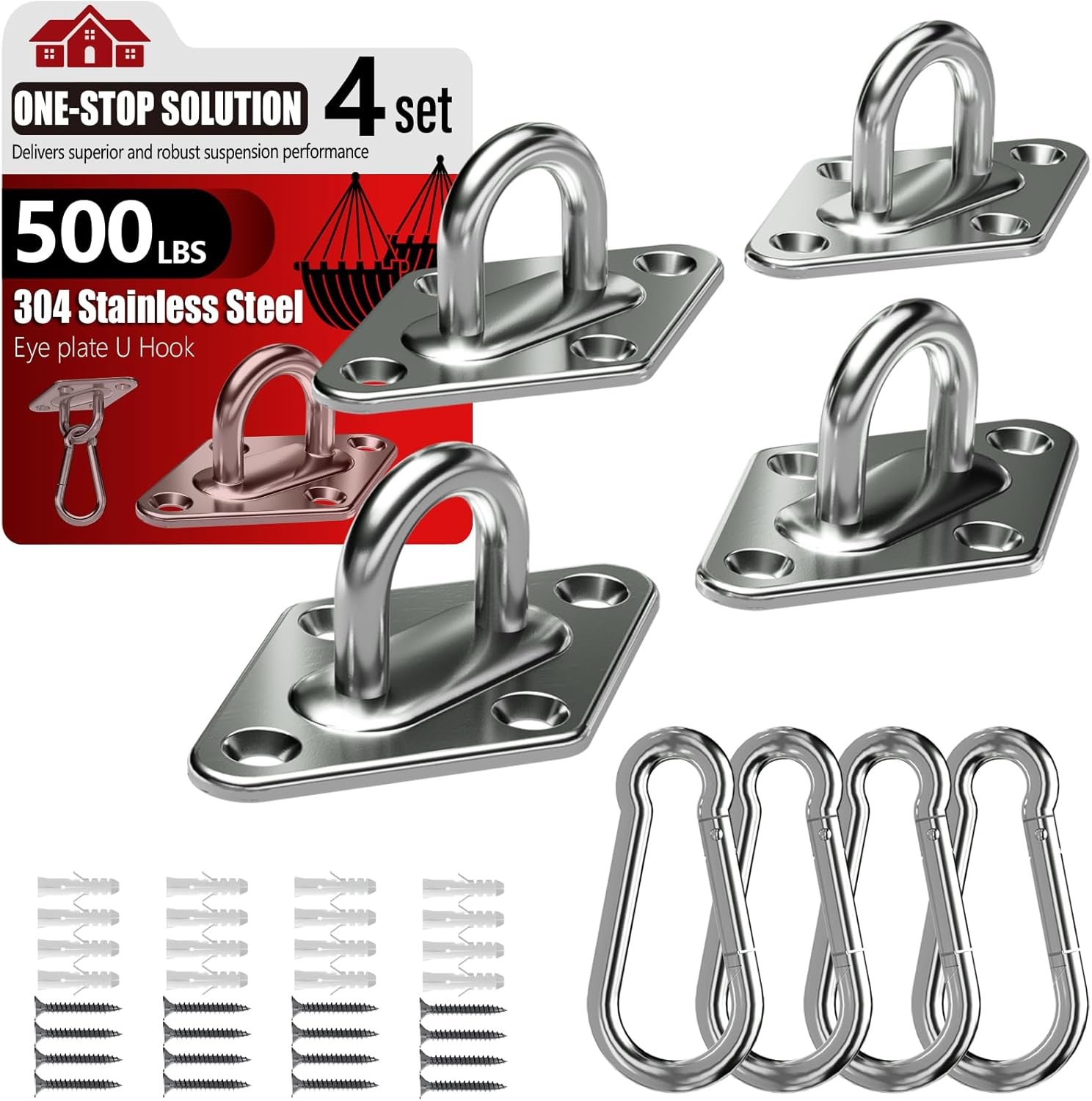 sprookber 304 Stainless Steel Pad Eye Snap Hooks, M5 Heavy Duty Ceiling Hooks, 500 lb Capacity Hammock Swing Hanging kit, Plant Hangers, Marine Hardware Staple Hook Loop with Screws, Set of 8