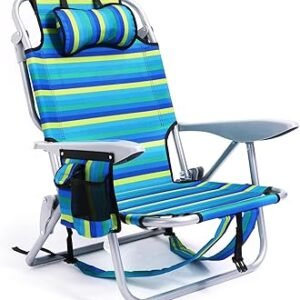 Portable Beach Chair for Adults, Outdoor Camping Chair Lay Flat Folding Backpack Beach Reclining Chair with 5 Positions, Headrest, Cup Holder, Heavy Ocean Striped