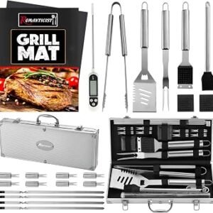 ROMANTICIST 23pcs Must-Have BBQ Grill Accessories Set with Thermometer in Case - Stainless Steel Barbecue Tool Set with 2 Grill Mats for Backyard Outdoor Camping - Father's Day Best Barbecue Gift