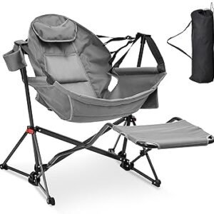 Ainfox Hammock Camping Chair with Footrest, Foldable Portable Rocking Chairs for Adults Outside Swinging Camp with Cup Holder Pillow for Outdoor Patio Poolside (Dark Grey)