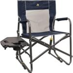 GCI OUTDOOR Freestyle Rocker with Side Table Camping Chair | Portable Folding Rocking Chair with Solid, Durable Armrests, Drink Holder & Comfortable Backrest — Heathered Indigo