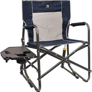 GCI OUTDOOR Freestyle Rocker with Side Table Camping Chair | Portable Folding Rocking Chair with Solid, Durable Armrests, Drink Holder & Comfortable Backrest — Heathered Indigo