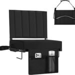 Stadium Seat for Bleachers with Back Support, Portable Bleacher Seat with Wide Comfy Padded Cushion, Metal Hook, Folding Stadium Chair with Shoulder Strap, Carry Handle, Cup Holder, Black