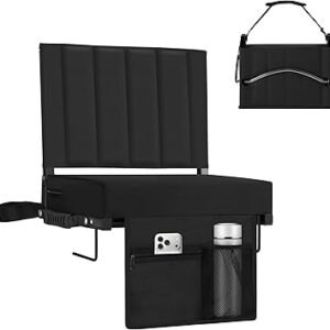 Stadium Seat for Bleachers with Back Support, Portable Bleacher Seat with Wide Comfy Padded Cushion, Metal Hook, Folding Stadium Chair with Shoulder Strap, Carry Handle, Cup Holder, Black