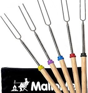 MalloMe Smores Sticks for Fire Pit Long - Marshmallow Roasting Sticks Smores Kit - Smore Skewers Hot Dog Fork Campfire Cooking Equipment, Camping Essentials S'mores Gear Outdoor Accessories 32" 5 Pack