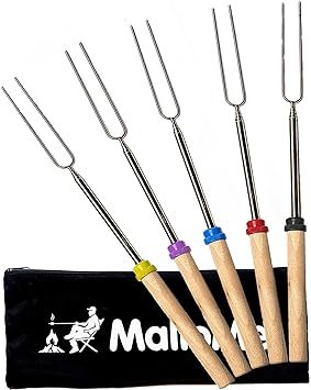 MalloMe Smores Sticks for Fire Pit Long - Marshmallow Roasting Sticks Smores Kit - Smore Skewers Hot Dog Fork Campfire Cooking Equipment, Camping Essentials S'mores Gear Outdoor Accessories 32" 5 Pack
