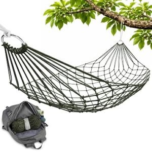 Mesh Hammock - Loop & Lounge Between Two Trees, Rope Hammocks for Outside Camping - No Stand Needed, 220 lb Capacity, Lightweight 13 oz Nylon Net Bed for Backyard Garden Patio Beach Travel, Dark Green