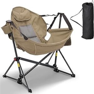Ainfox Hammock Camping Chair, Foldable Portable Rocking Chairs for Adults Outside Swinging Camp with Cup Holder Pillow for Outdoor Patio Poolside (Brown)