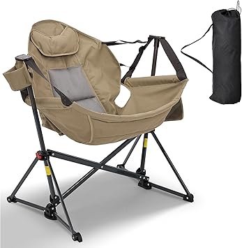 Ainfox Hammock Camping Chair, Foldable Portable Rocking Chairs for Adults Outside Swinging Camp with Cup Holder Pillow for Outdoor Patio Poolside (Brown)