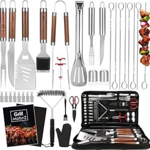Yoehka BBQ Grilling Accessories Set, 34Pcs Heavy Duty Grill Tools for Outdoor Camping, Grilling Gifts for Men Dad, Stainless Steel Barbecue Utensils Kit with Mats and Glove in Carrying Bag, Brown