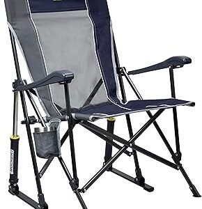 GCI OUTDOOR RoadTrip Rocker Camping Chair | Portable, Folding Rocking Chair with Solid, Durable Armrests, Drink Holder & Comfortable Extended Backrest — Indigo Blue