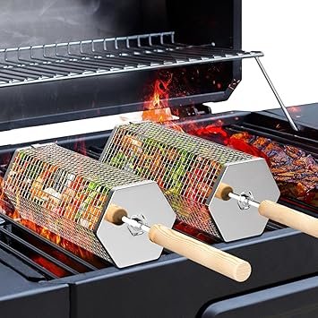 ivtivfu Rolling Grill Basket, Removable Wooden Handle, 304 Stainless Steel, Nesting Grilling Tools, Smoker BBQ Accessories for Vegetable, Outdoor Cooking Camping, Birthday Gifts for Men Dad Husband
