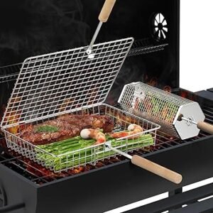 ivtivfu Grill Basket Set, Removable Wooden Handle, 304 Stainless Steel, Rolling BBQ Tools, Smoker Grilling Accessories for Vegetable Fish, Outdoor Cooking Camping, Birthday Gifts for Men Dad Husband