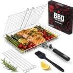 SHIZZO Grill Basket Set, Barbecue BBQ Grilling, Stainless Steel Folding Portable Outdoor Camping Rack for Fish, Shrimp, Vegetables, Cooking Accessories, Gifts for Dad, husband, Friends