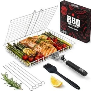SHIZZO Grill Basket Set, Barbecue BBQ Grilling, Stainless Steel Folding Portable Outdoor Camping Rack for Fish, Shrimp, Vegetables, Cooking Accessories, Gifts for Dad, husband, Friends