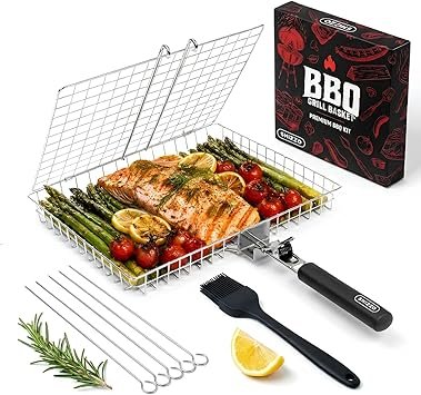 SHIZZO Grill Basket Set, Barbecue BBQ Grilling, Stainless Steel Folding Portable Outdoor Camping Rack for Fish, Shrimp, Vegetables, Cooking Accessories, Gifts for Dad, husband, Friends