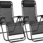 Sweetcrispy Zero Gravity Chairs, Set of 2 Portable Recliner Beach Camping Patio Outdoor Folding Lounge Chair with Cup Holder Trays and Adjustable Pillow for Poolside, Garden, Backyard, Lawn, Black