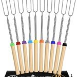 Briout Extendable Stainless Steel Roasting Sticks - Smores Sticks for Fire Pit Long 32 Inch, Smore Skewers Hot Dog Fork Campfire Accessories, Camping Essentials for S'mores - 10 Pack
