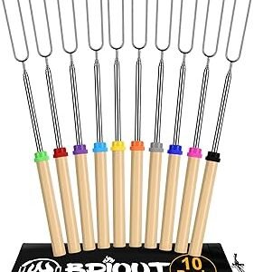 Briout Extendable Stainless Steel Roasting Sticks - Smores Sticks for Fire Pit Long 32 Inch, Smore Skewers Hot Dog Fork Campfire Accessories, Camping Essentials for S'mores - 10 Pack