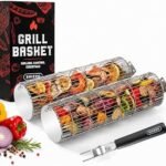 SHIZZO Rolling Grill Basket, Removable Wooden Handle, Extra Sturdy Cylinder Grilling Basket, Food Grade Stainless Steel, Portable Outdoor Camping accessories BBQ Net Rack, Cooking Griller for Fish, Vegetables, and More - Gifts for Men Dad Husband - Set of 2