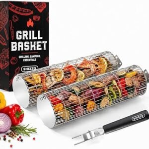 SHIZZO Rolling Grill Basket, Removable Wooden Handle, Extra Sturdy Cylinder Grilling Basket, Food Grade Stainless Steel, Portable Outdoor Camping accessories BBQ Net Rack, Cooking Griller for Fish, Vegetables, and More - Gifts for Men Dad Husband - Set of 2