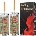 Rolling Grill Basket, Fathers Day Gifts for Dad Husband, Removable Wooden Handle, 304 Stainless Steel, Nesting BBQ Tools for Vegetable, Outdoor Smoker Camping Accessories, Grill Gift for Men Birthday