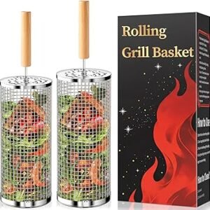 Rolling Grill Basket, Fathers Day Gifts for Dad Husband, Removable Wooden Handle, 304 Stainless Steel, Nesting BBQ Tools for Vegetable, Outdoor Smoker Camping Accessories, Grill Gift for Men Birthday