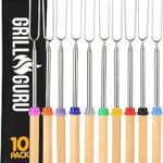 Grill Guru Smores Sticks for Fire Pit - Accessories for Campfire Marshmallow Roasting Sticks Smores Kit Outdoor-Smore Skewers Hot Dog Fork For Outside, Camping Essentials Bonfire Gear Long 32" 10 Pack