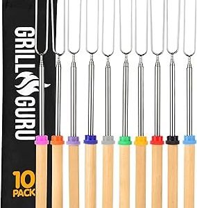 Grill Guru Smores Sticks for Fire Pit - Accessories for Campfire Marshmallow Roasting Sticks Smores Kit Outdoor-Smore Skewers Hot Dog Fork For Outside, Camping Essentials Bonfire Gear Long 32" 10 Pack