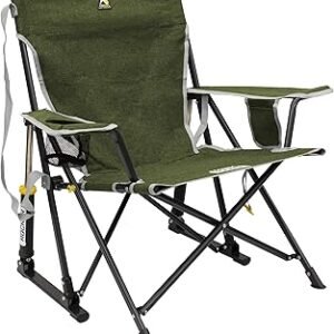 GCI Outdoor Kickback Rocker Camping Chair | Portable Folding Rocking Chair with Durable Armrests, Drink Holder & Relaxed Lowered Seat for Comfort — Loden Green